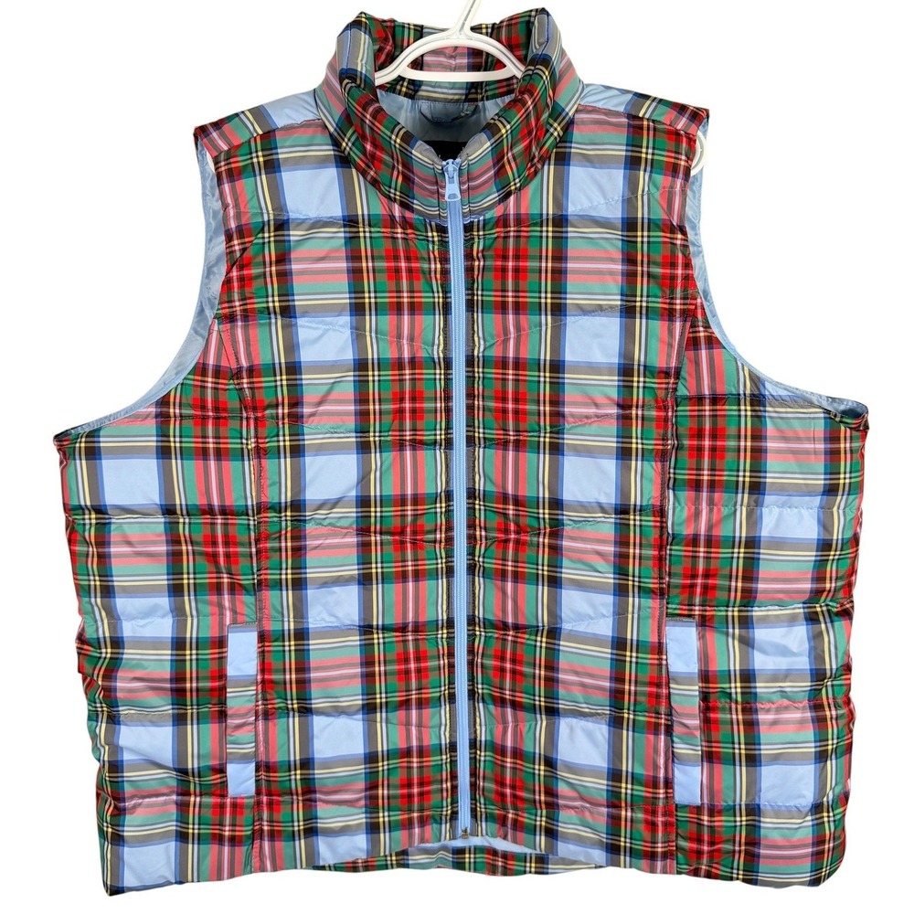 Lands End Puffer Vest Womens 2X 20W-22W Blue Red Plaid Down Filled Quilted NEW